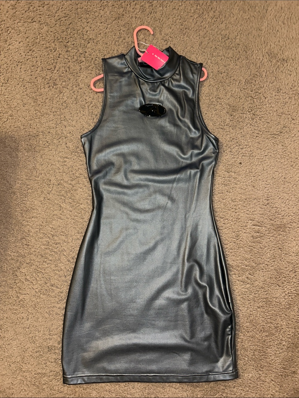 SHEIN Black Sleeveless Faux Leather Mock Neck Mini Dress